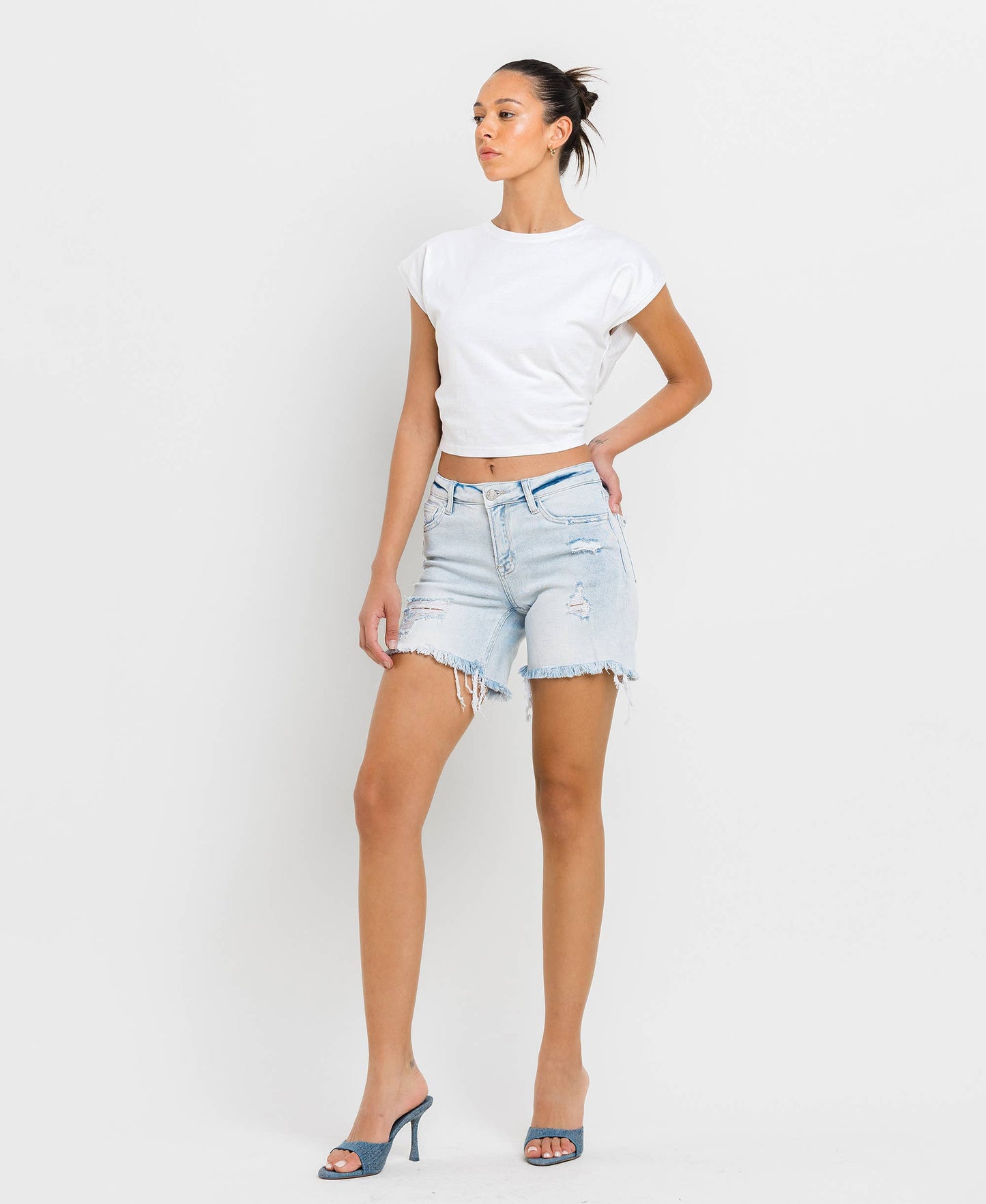 Maddie Mid Rise Distressed Stretch Shorts