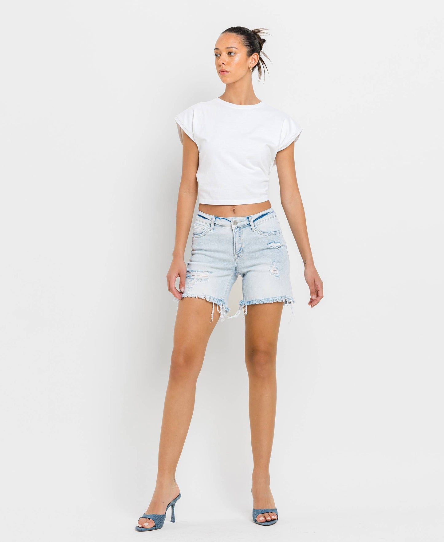 Maddie Mid Rise Distressed Stretch Shorts