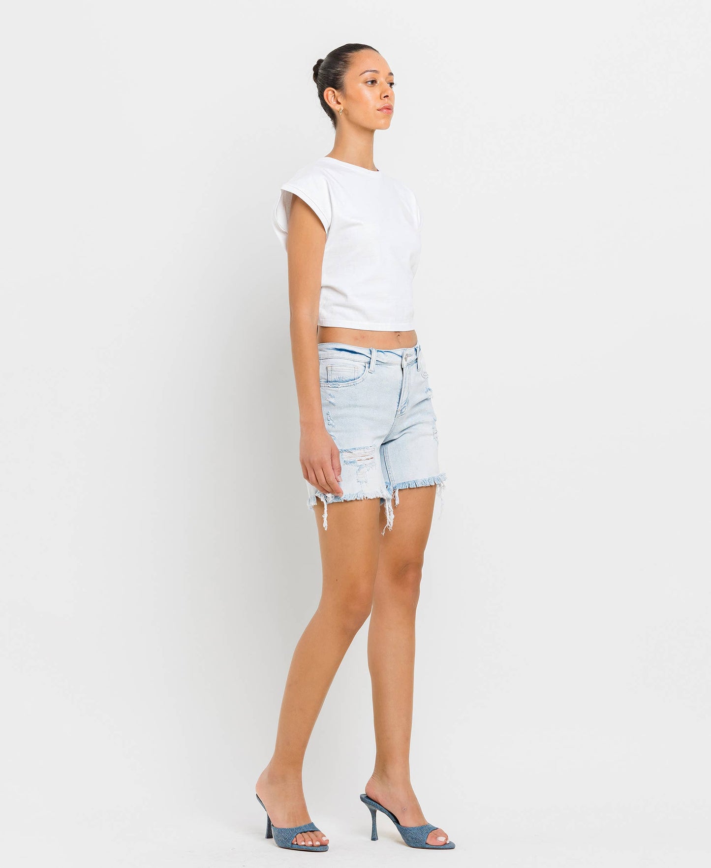 Maddie Mid Rise Distressed Stretch Shorts