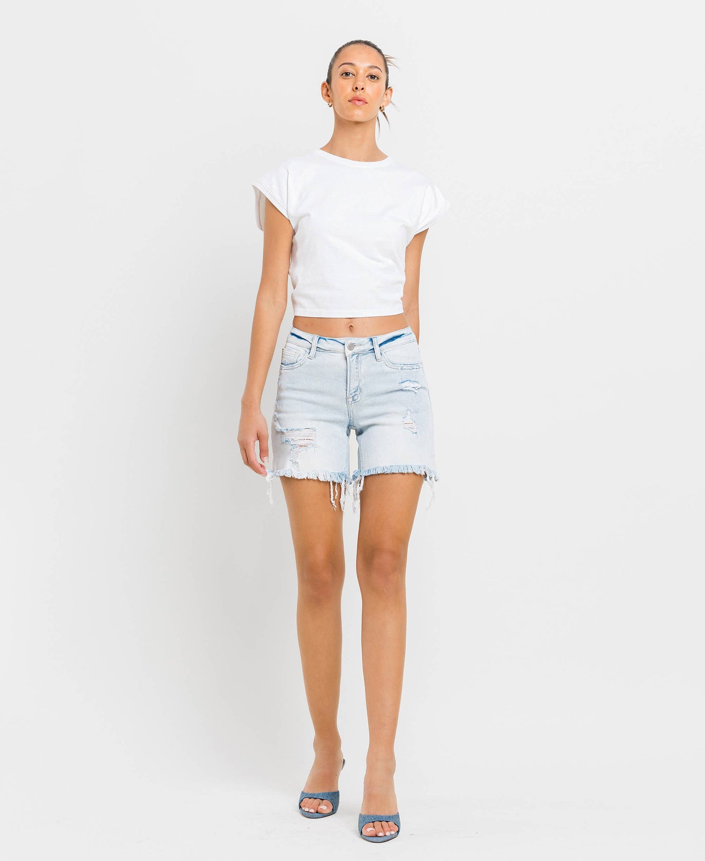 Maddie Mid Rise Distressed Stretch Shorts