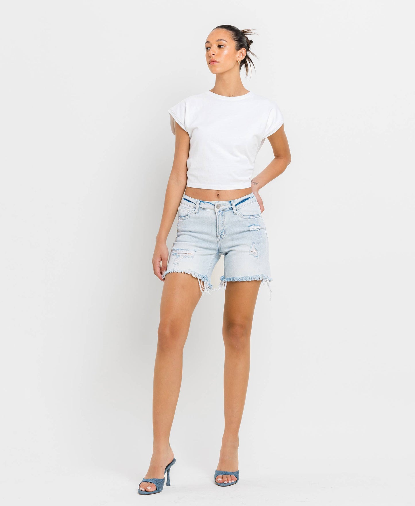 Maddie Mid Rise Distressed Stretch Shorts