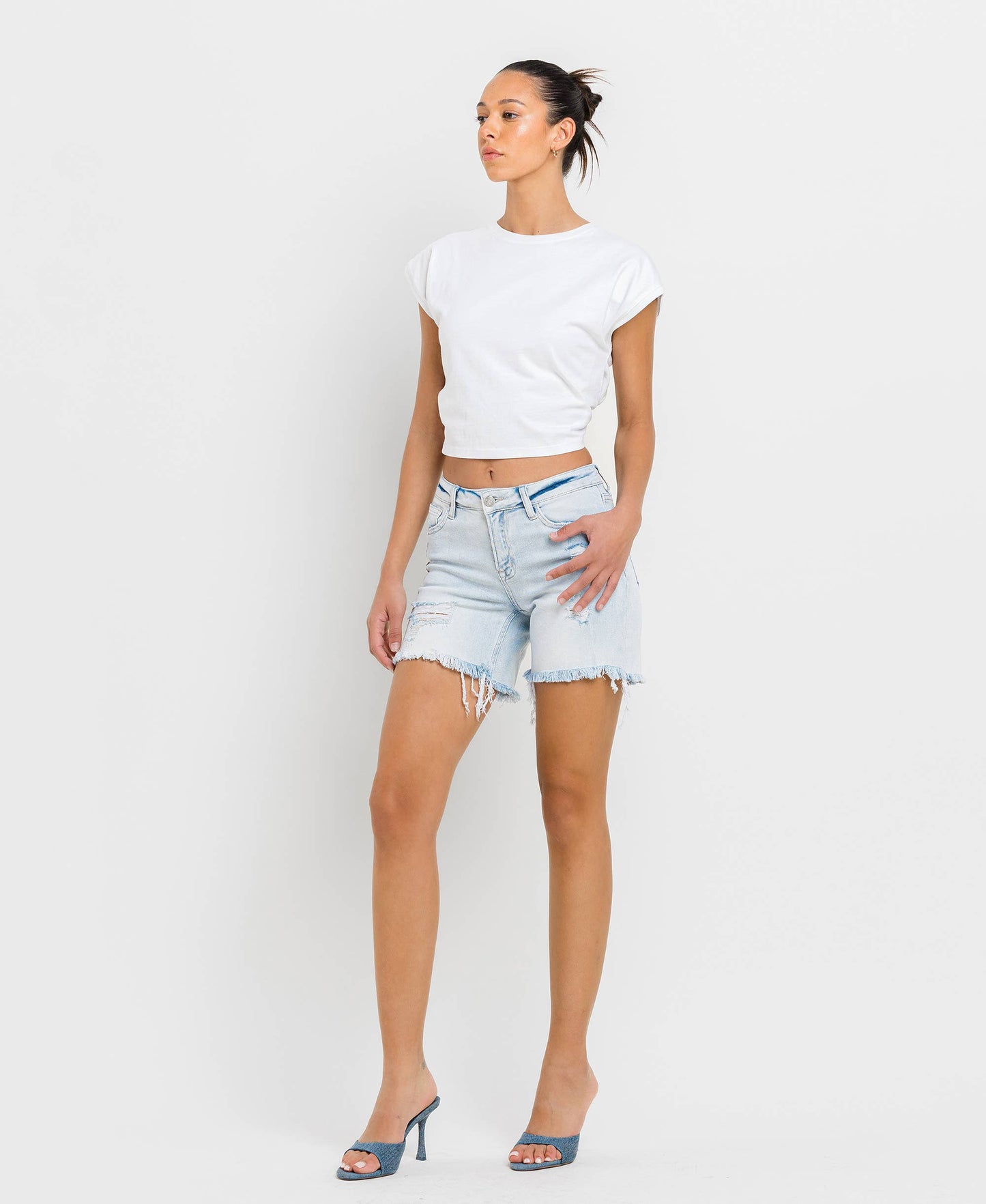 Maddie Mid Rise Distressed Stretch Shorts